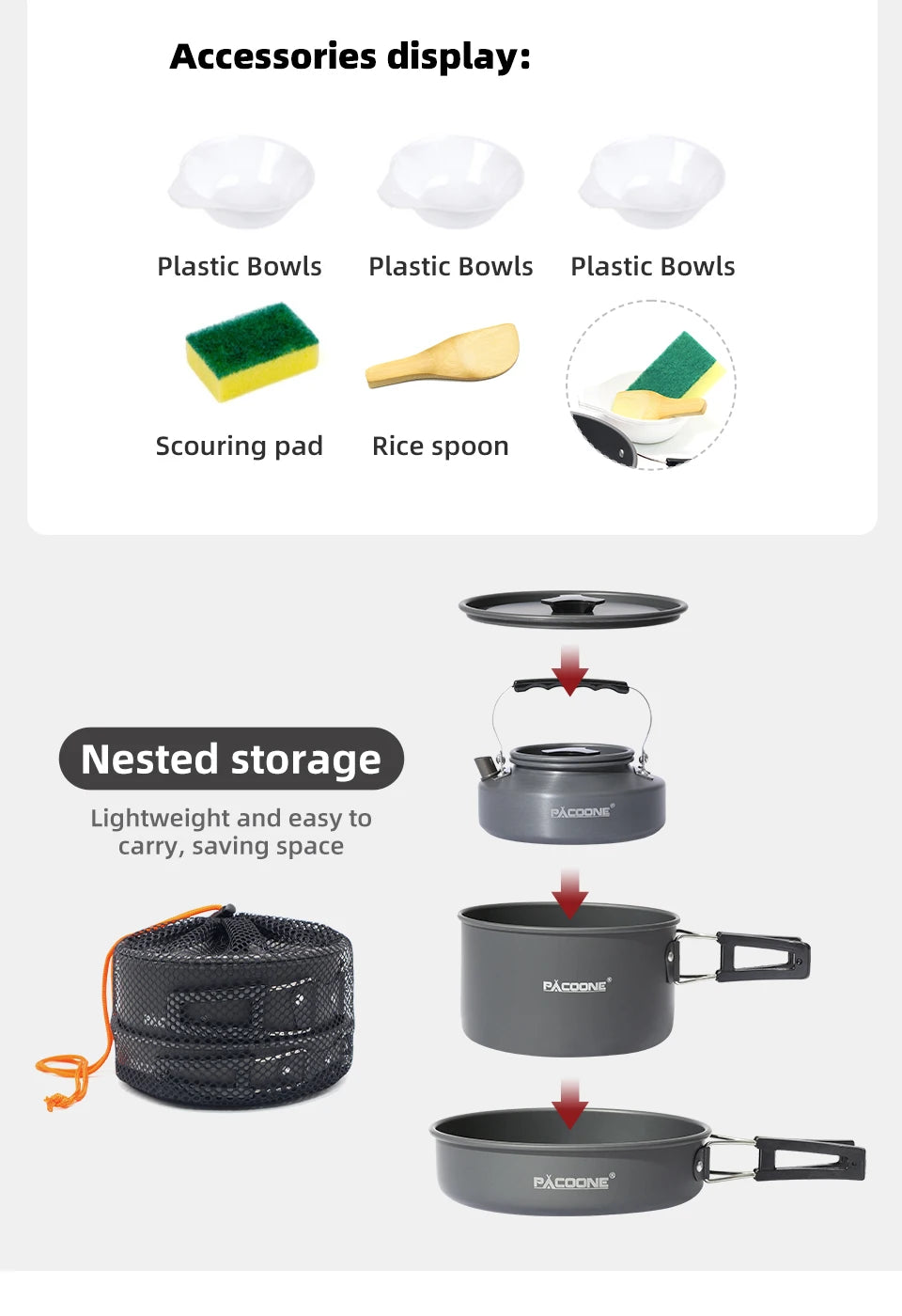 PACOONE Camping Cookware Set — Portable Outdoor Pot, Pan, Kettle & Tableware Kit