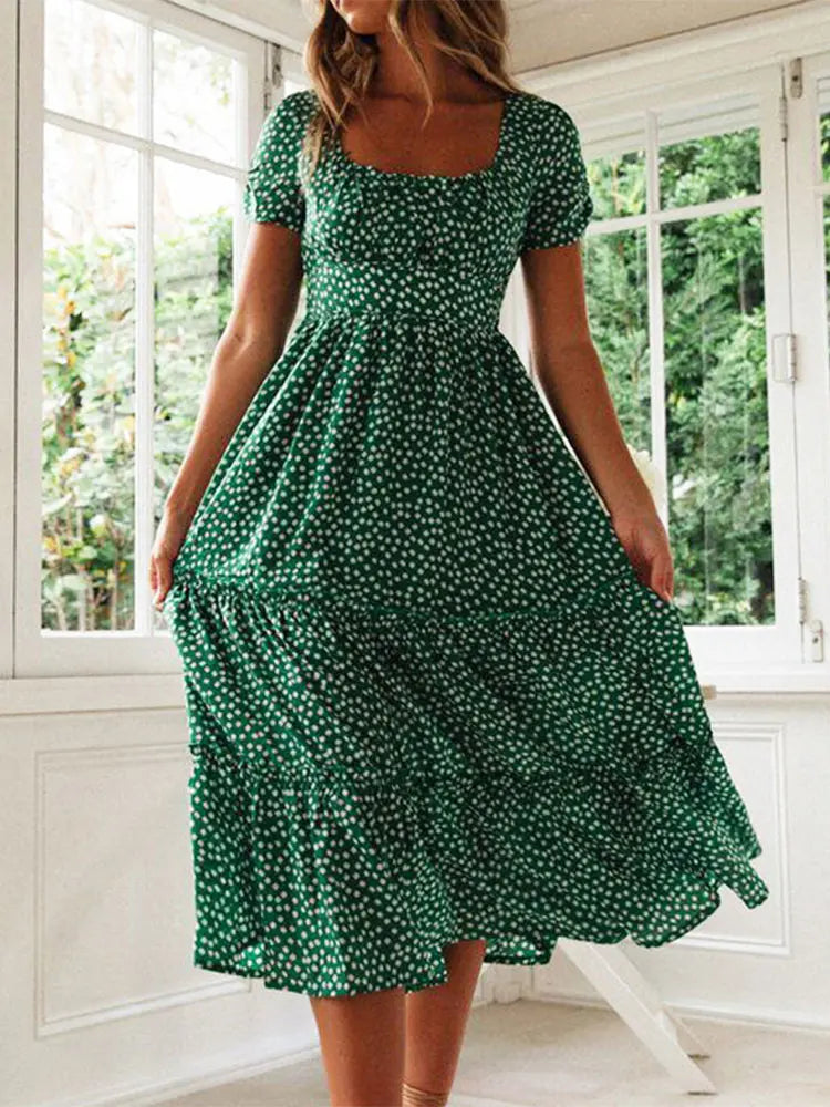 Women's Vintage Floral Puff Sleeve Maxi Beach Dress – Square Collar Casual Long Dress
