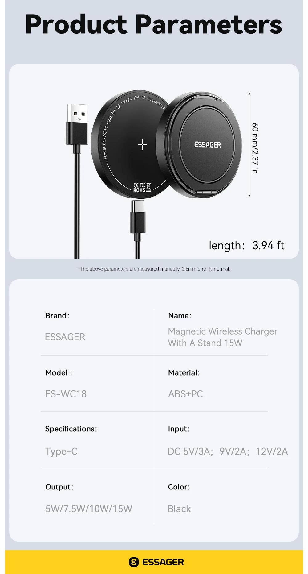 Essager 15W Magnetic Wireless Charger Pad – Fast Charging Stand for iPhone 12–17 & AirPods