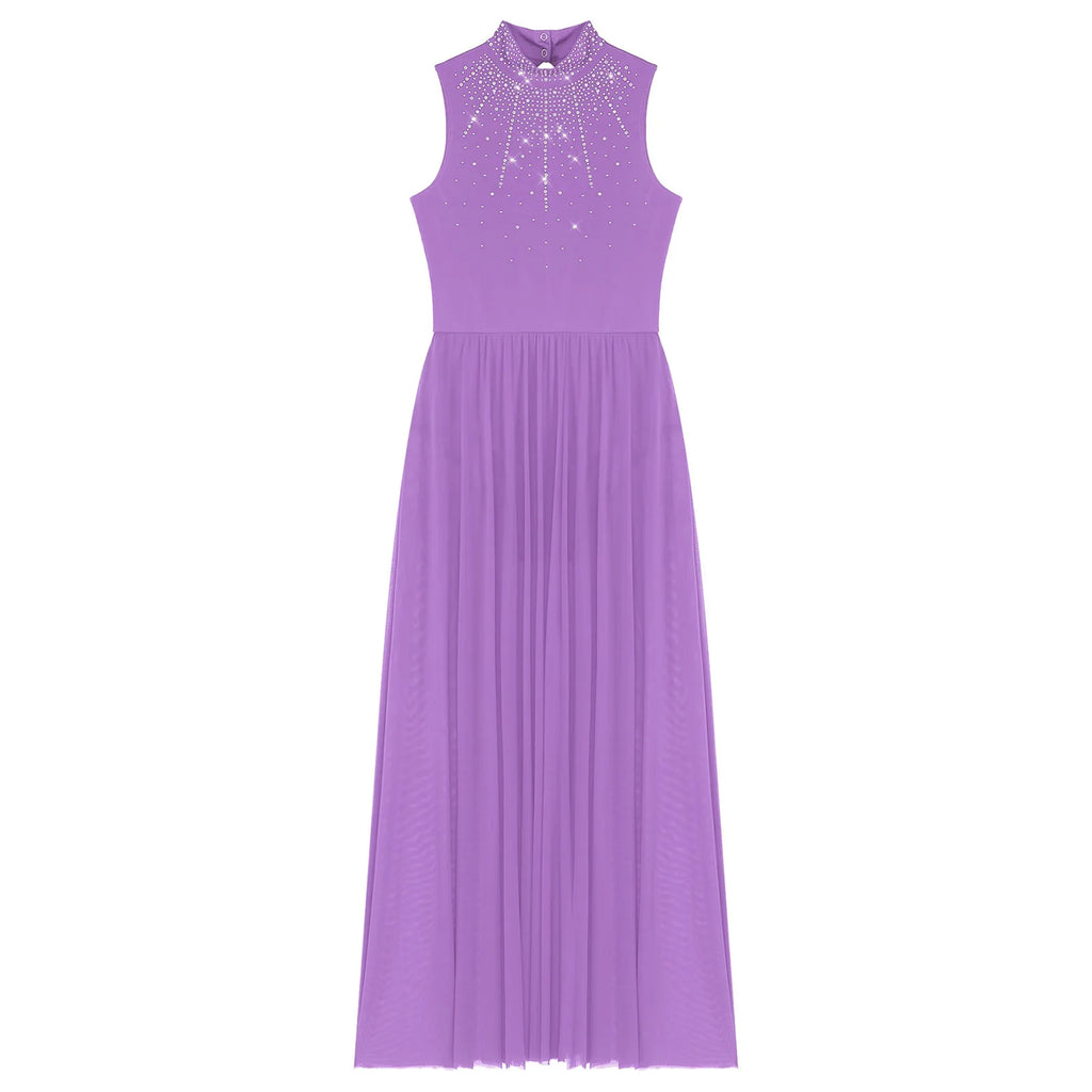 Rhinestone Maxi Sleeveless Contemporary Dance Dress — Mock Neck Wide Hemline Lyrical Leotard