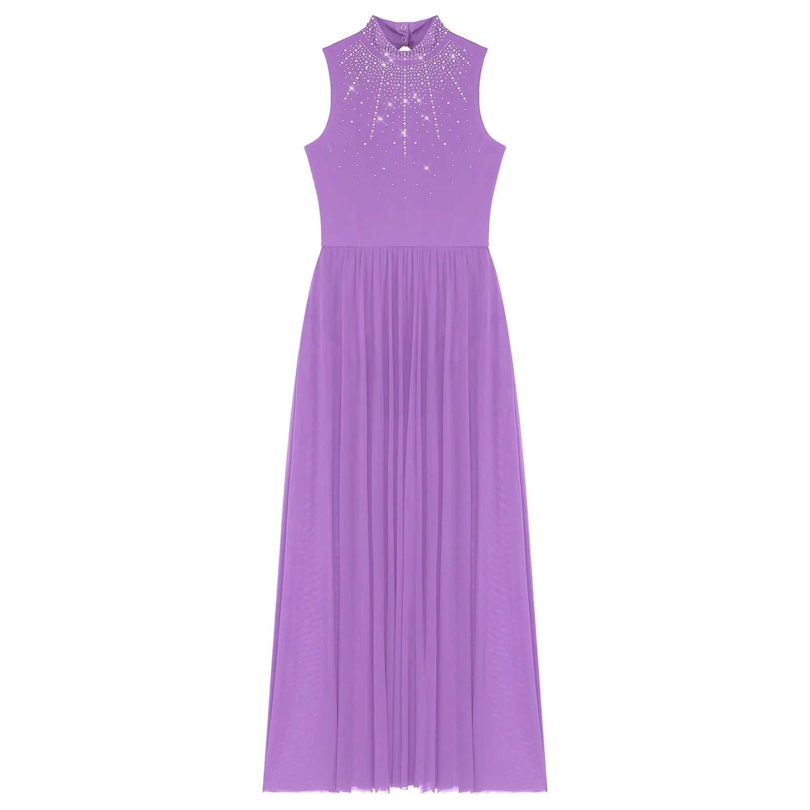 Rhinestone Maxi Sleeveless Contemporary Dance Dress — Mock Neck Wide Hemline Lyrical Leotard