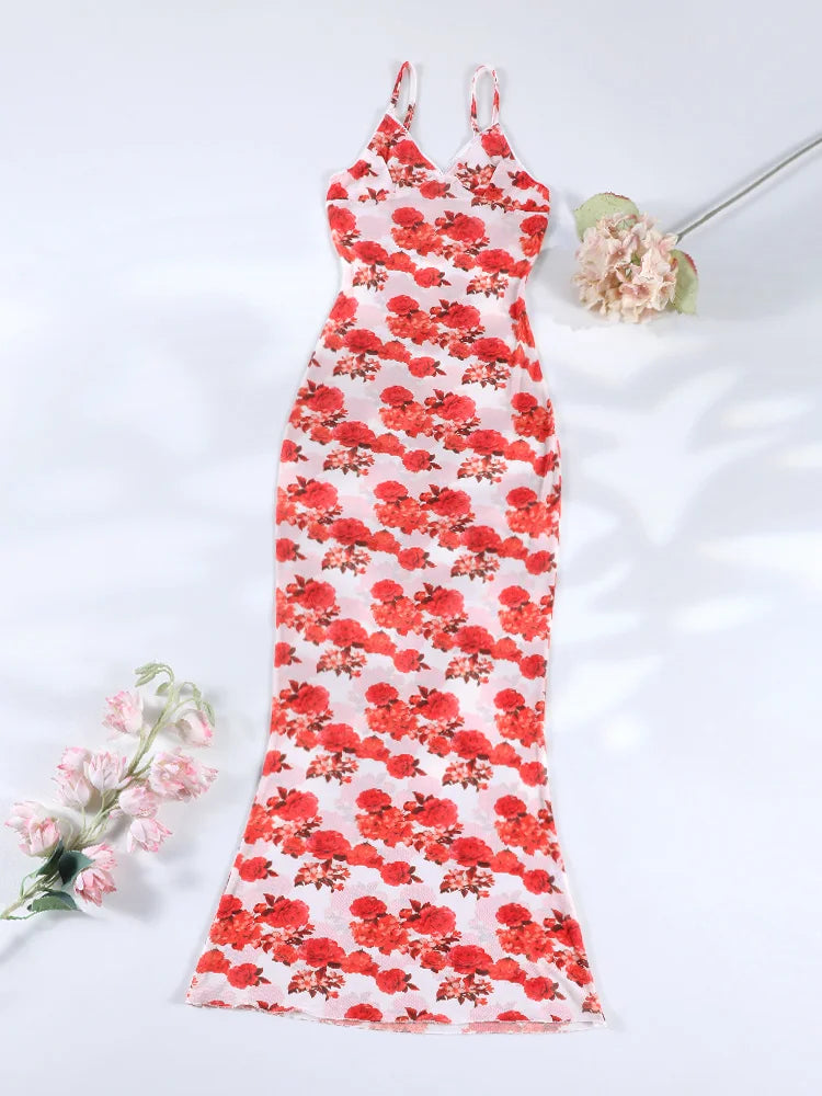 Long Dress Bikini Cover Up | Print Mesh Swimwear, Sexy Floral, Bandage Detail, S-XL