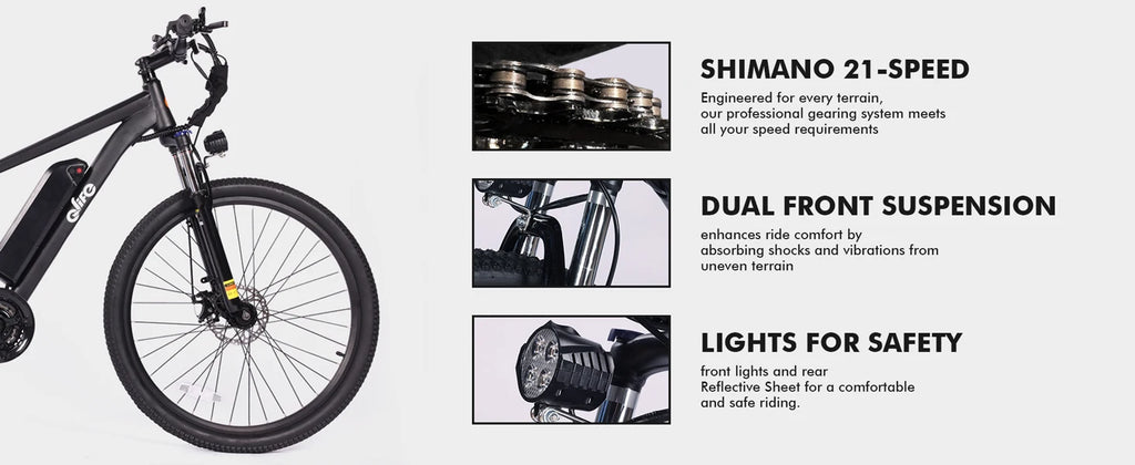 A black electric bicycle shown on a light gray background with three feature callouts: Shimano 21-speed gearing, dual front suspension, and lights for safety, each with a small inset photo.