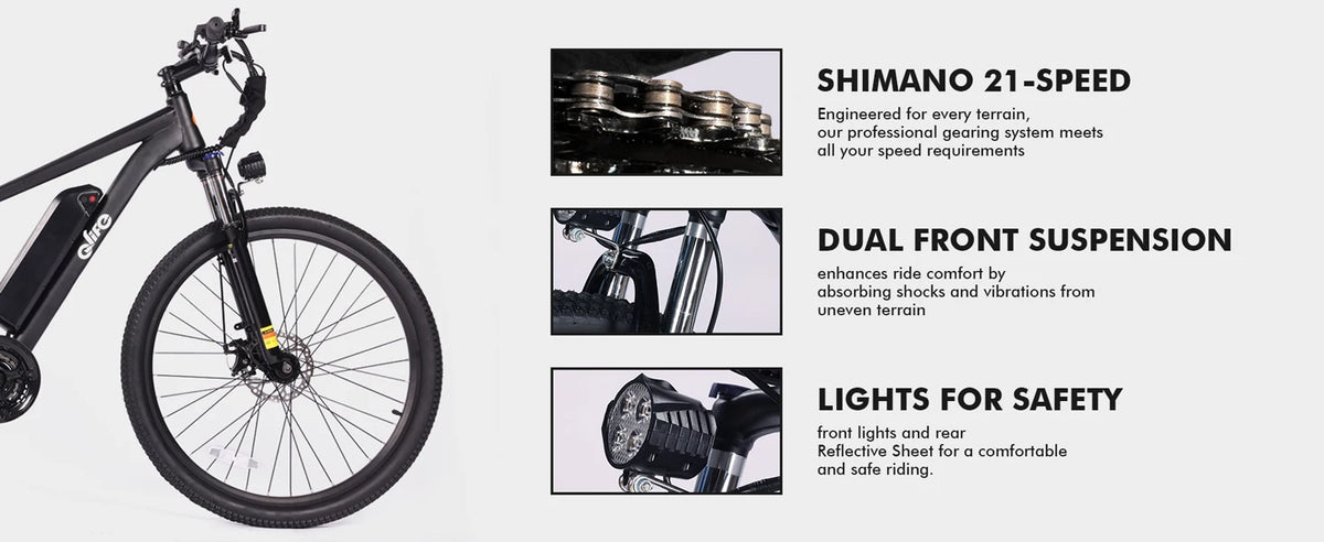 A black electric bicycle shown on a light gray background with three feature callouts: Shimano 21-speed gearing, dual front suspension, and lights for safety, each with a small inset photo.