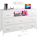 8-Drawer Media Dresser with LED Lighting & Built-In Charging Station — Fabric Storage Cabinet for 55" TVs