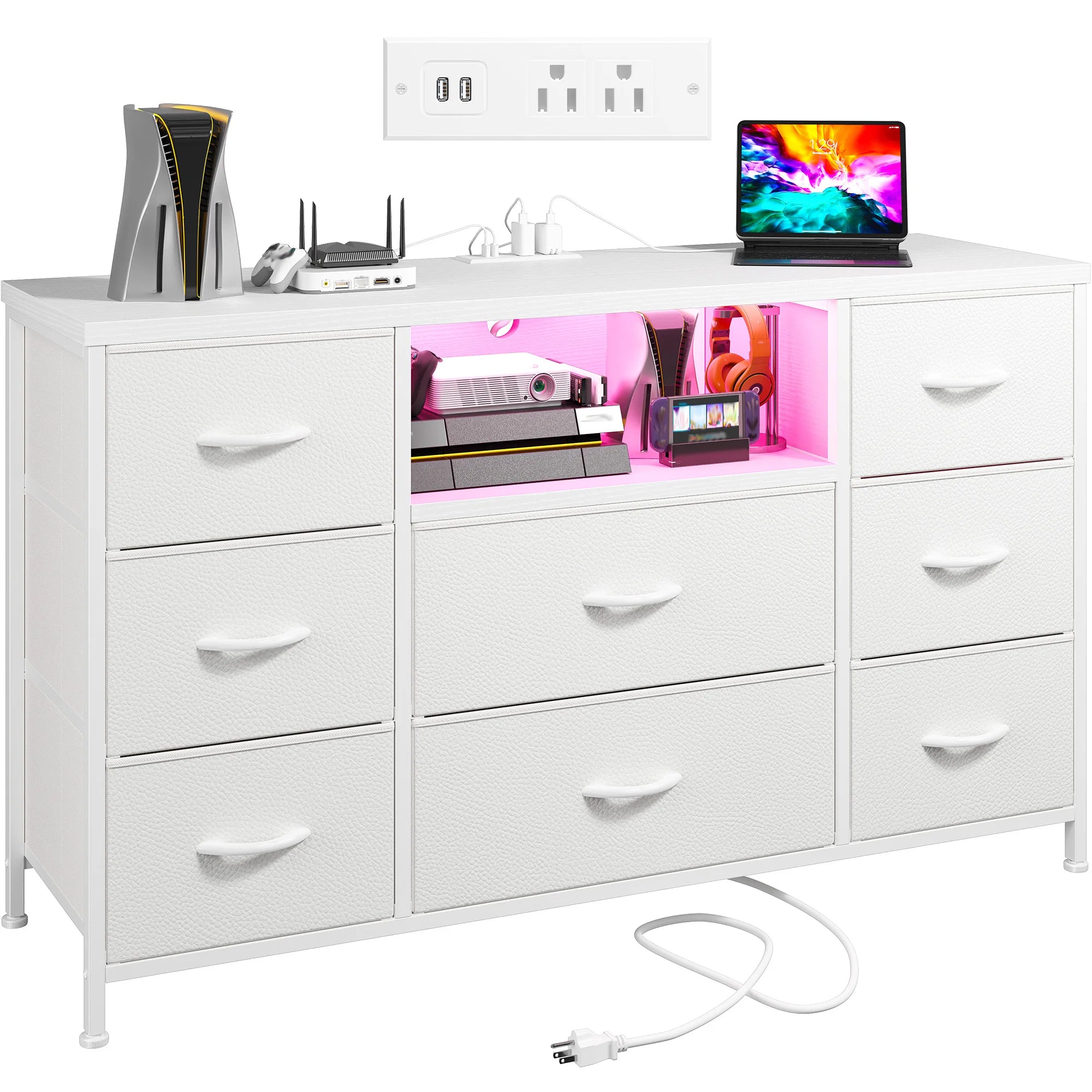 8-Drawer Media Dresser with LED Lighting & Built-In Charging Station — Fabric Storage Cabinet for 55" TVs
