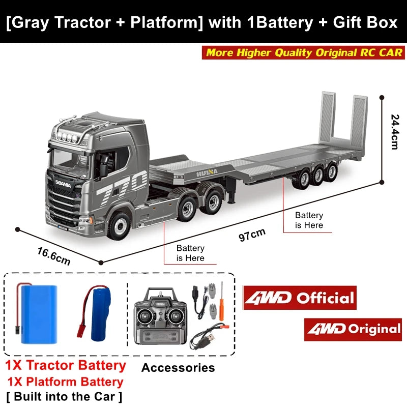 HUINA 1501 1:18 Scale RC Semi Trailer Truck with Sound & Lights – 770S Flatbed Engineering Model