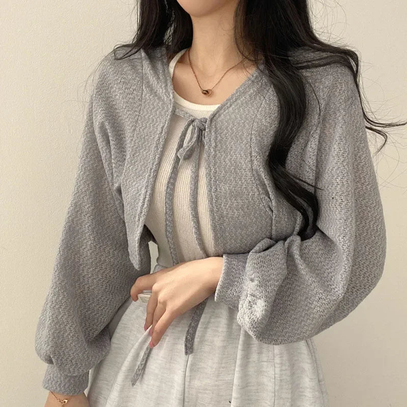 Women's Knitted Cardigan – Thin Lace-Up Lantern Sleeve Short Coat in White, Black & Gray