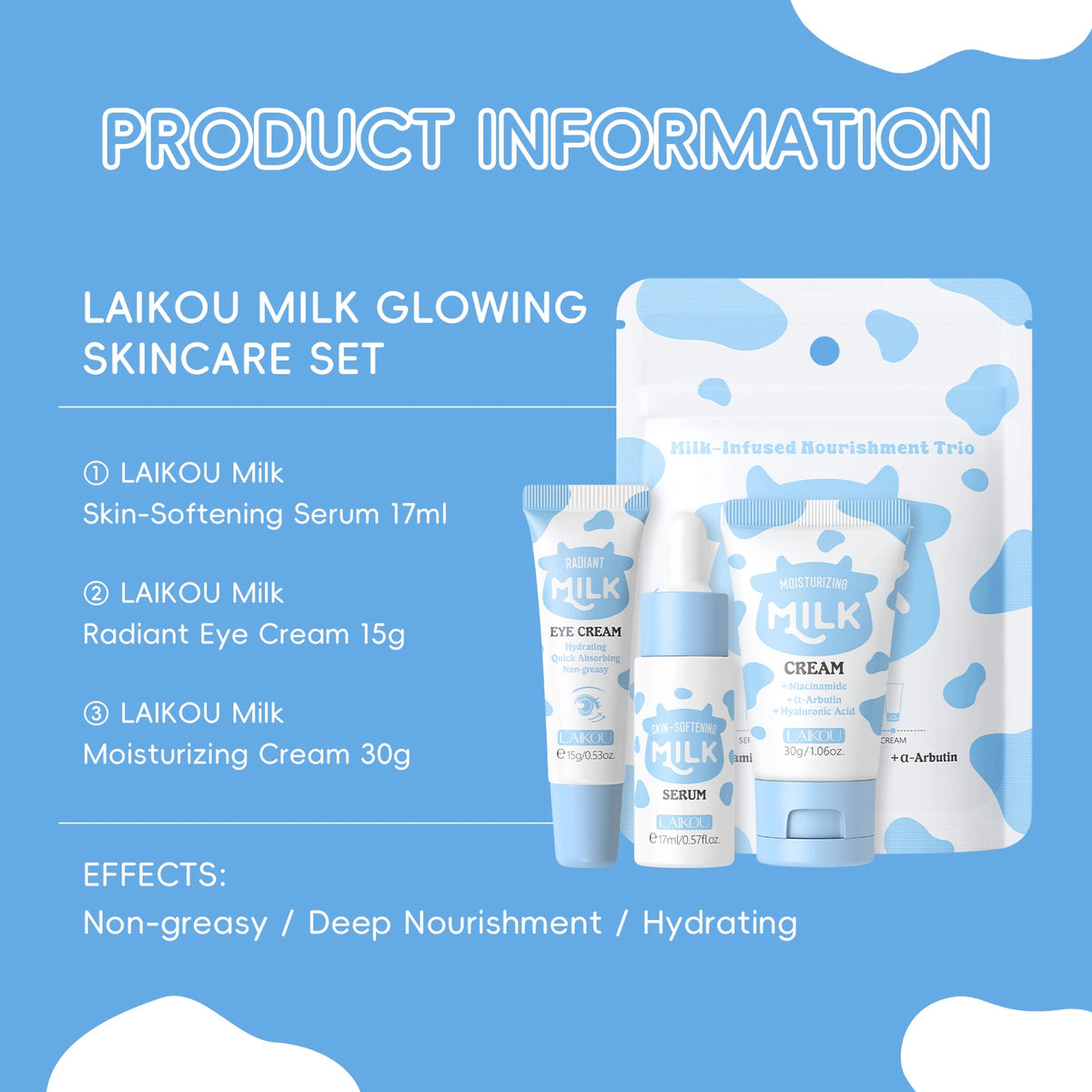 LAIKOU Milk Glowing Trio Skincare Set – Hydrating Serum, Eye Cream & Moisturizer