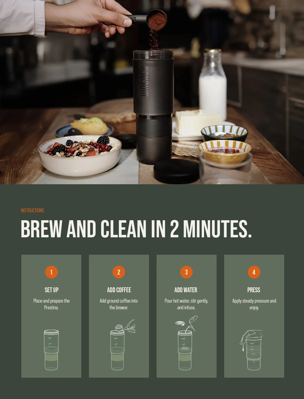 Coffee Anywhere, Anytime — WACACO Prestina All-in-1 Portable French Press | Foldable Manual Brewer for Camping, Hiking & Travel