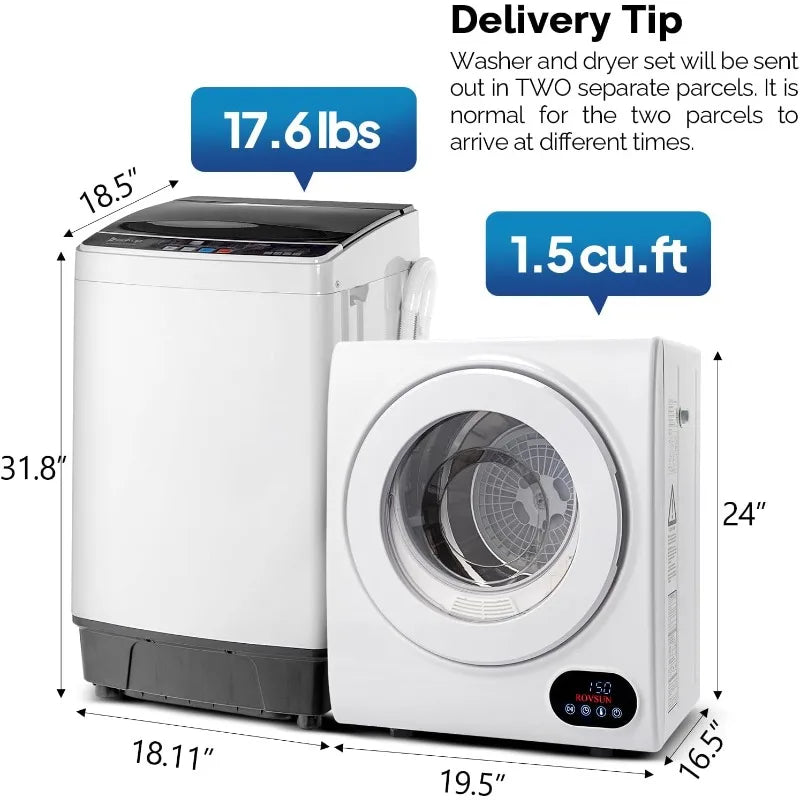 17.6 LBS Full Automatic Washing Machine & 1.5 Cu Ft Portable Clothes Dryer Set — Compact Laundry Washer-Dryer Combo