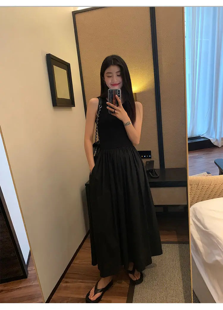Women's Vintage Black Midi Dress – O-Neck Office Lady Casual Style with Pockets