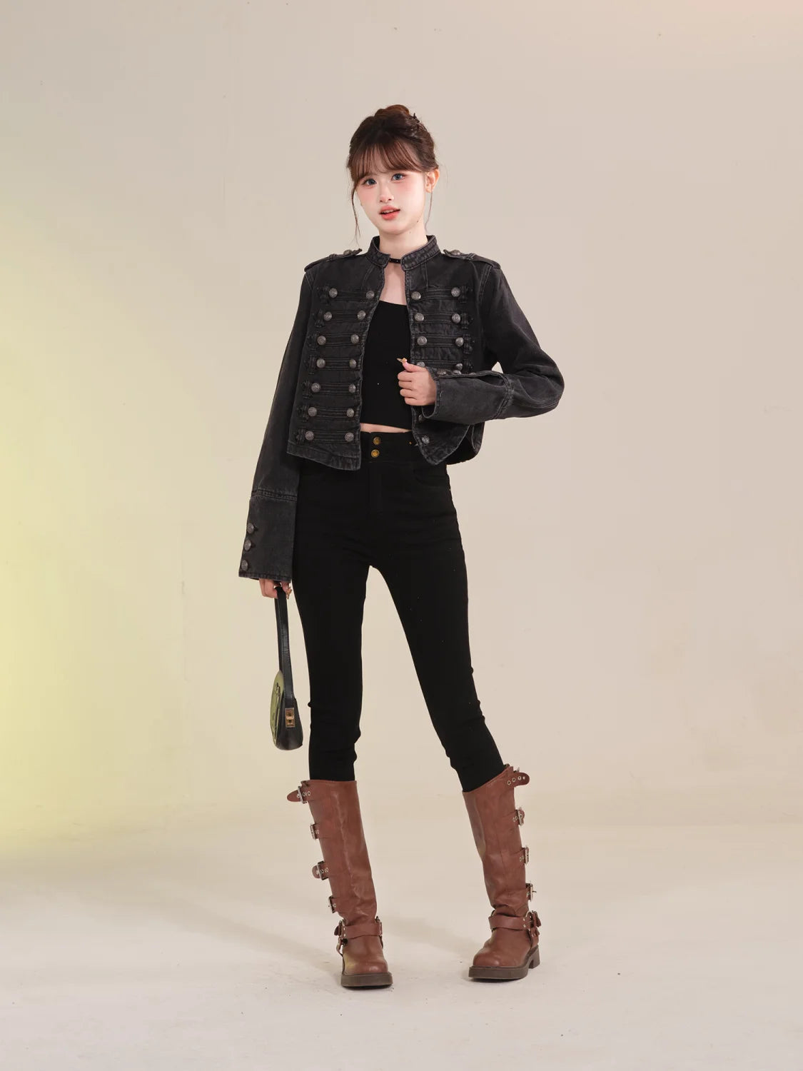 Women's Retro Button Slim Stand Collar Denim Jacket – Short Jean Coat in Black