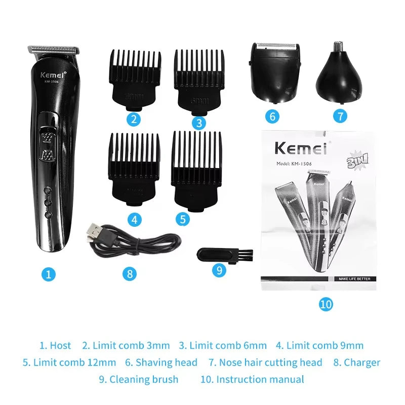 Kemei KM-1506 3-in-1 Electric Hair Clipper, Shaver & Nose Trimmer – USB Rechargeable