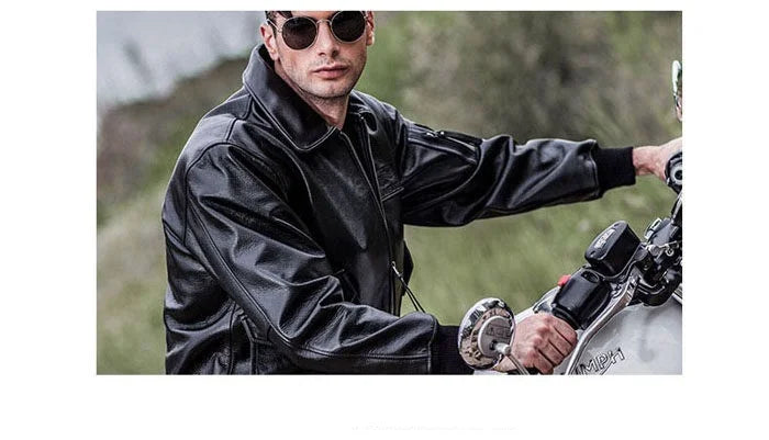 Men's Black Glossy Genuine Cowhide MA-1 Flight Jacket — Military Bomber with Point Collar