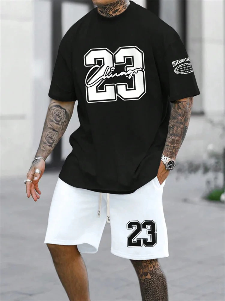 Men's Digital Print Crewneck T-Shirt & Drawstring Shorts Set