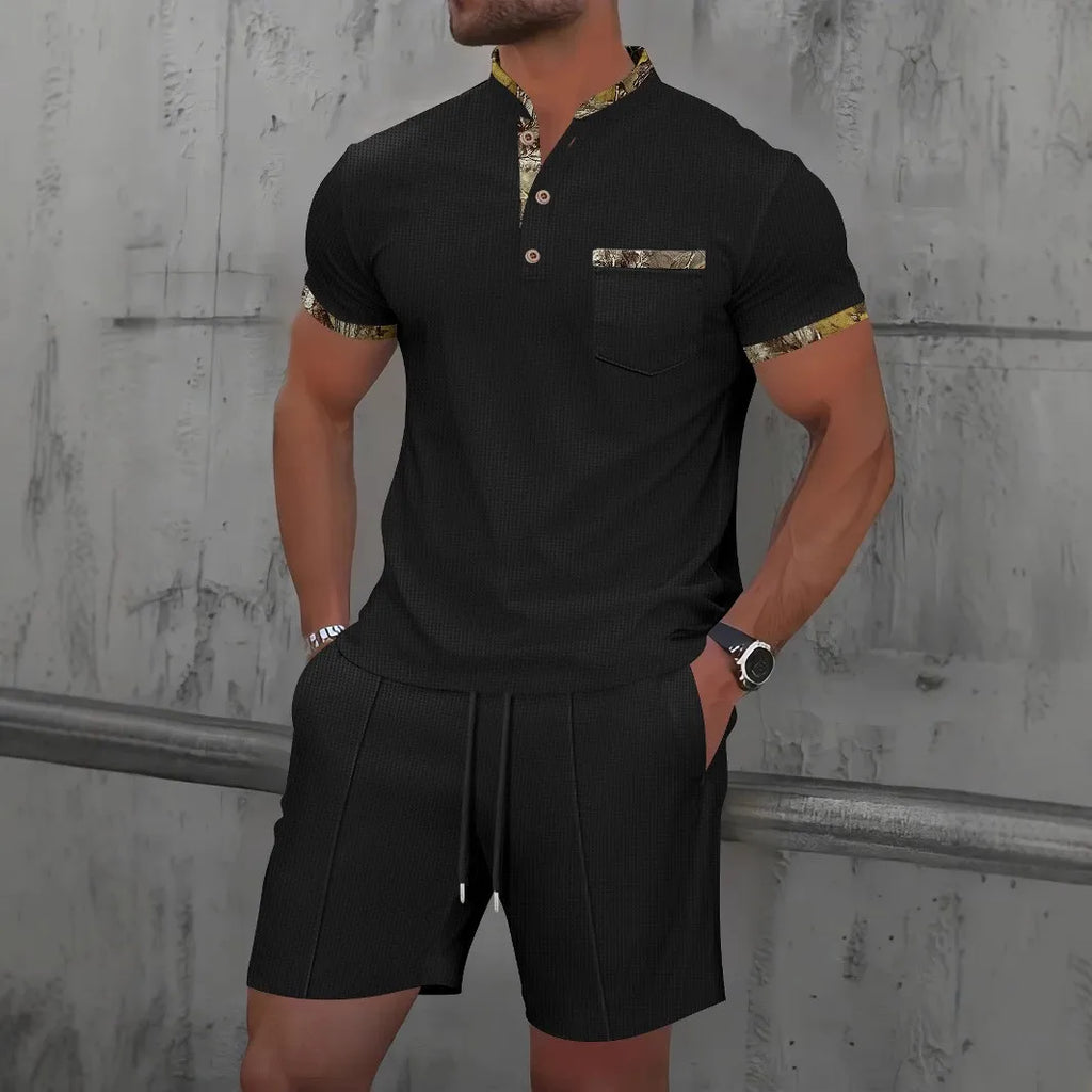 Men's Waffle Solid Color Zip Lapel Short Sleeve & Shorts Set – European Summer 2-Piece Suit