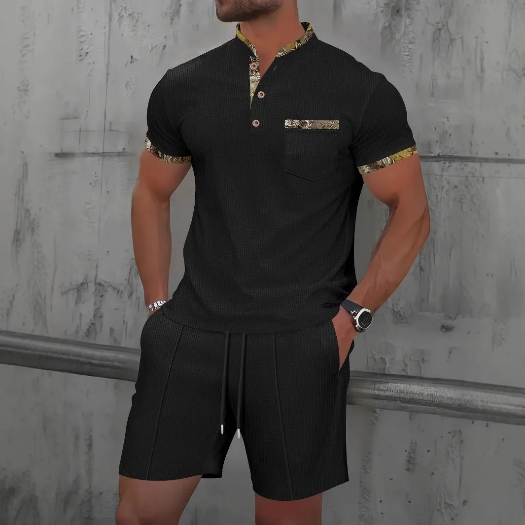Men's Waffle Solid Color Zip Lapel Short Sleeve & Shorts Set – European Summer 2-Piece Suit
