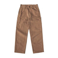 A pair of brown utility cargo pants with side pockets and zippered details, laid flat on a white background.