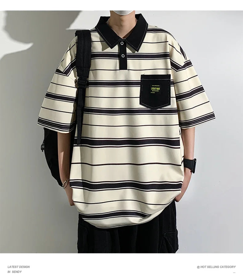 Men's Striped Polo Shirt — Loose Fit Short Sleeve Casual Summer Top