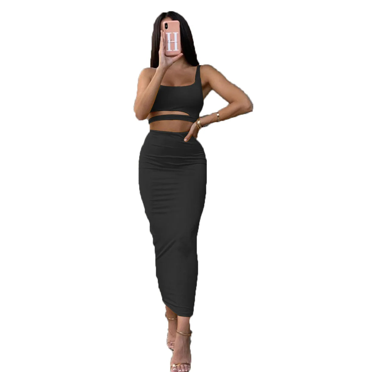 Sexy Pleated Hollow-Out Two-Piece Dress — Elegant Long Night Party Dress