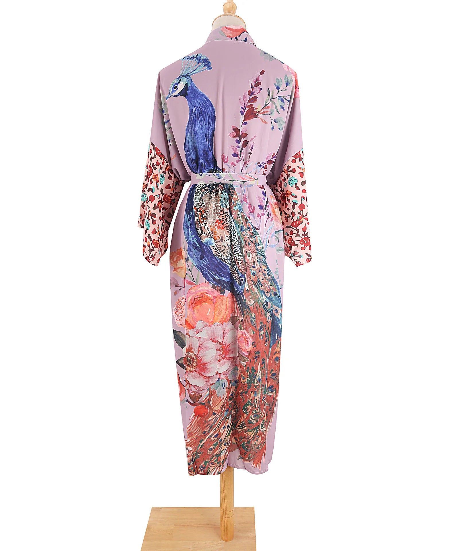 Peacock Print Beach Kimono Cover-Up — Self-Belted Wrap Dress Swimsuit Cover