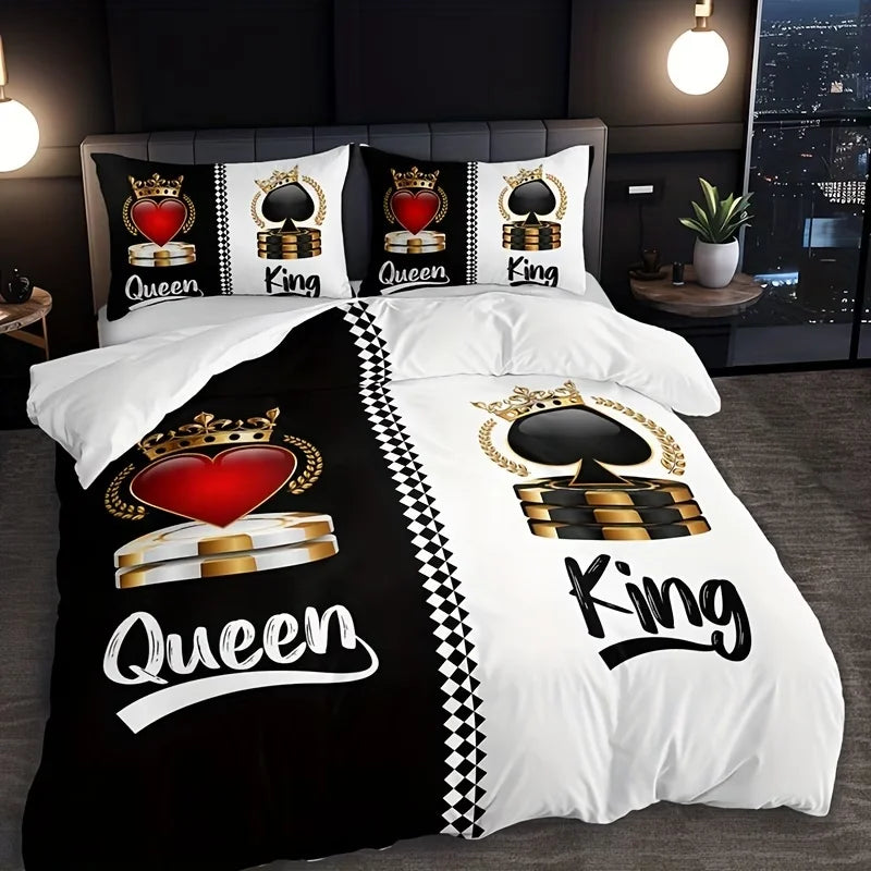 Dark Red & Black Letter Print Bedding Set – 3-Piece Duvet Cover, Queen & King
