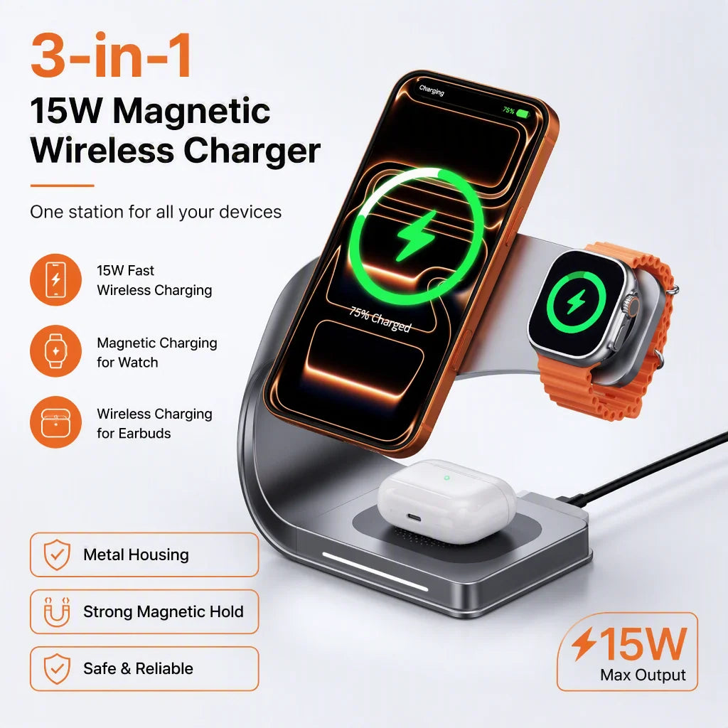 4-in-1 Metal Magnetic Wireless Charging Station 15W – iPhone 12–17, Apple Watch & AirPods