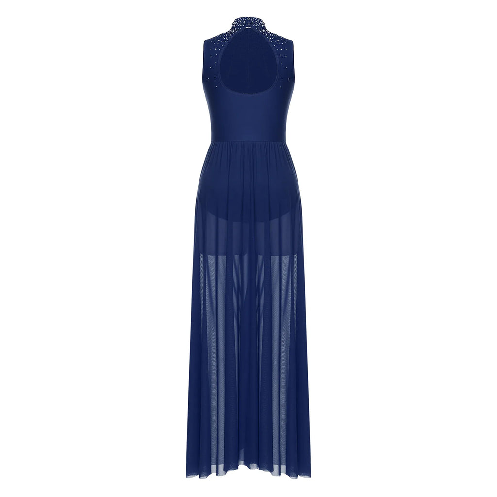 Rhinestone Maxi Sleeveless Contemporary Dance Dress — Mock Neck Wide Hemline Lyrical Leotard