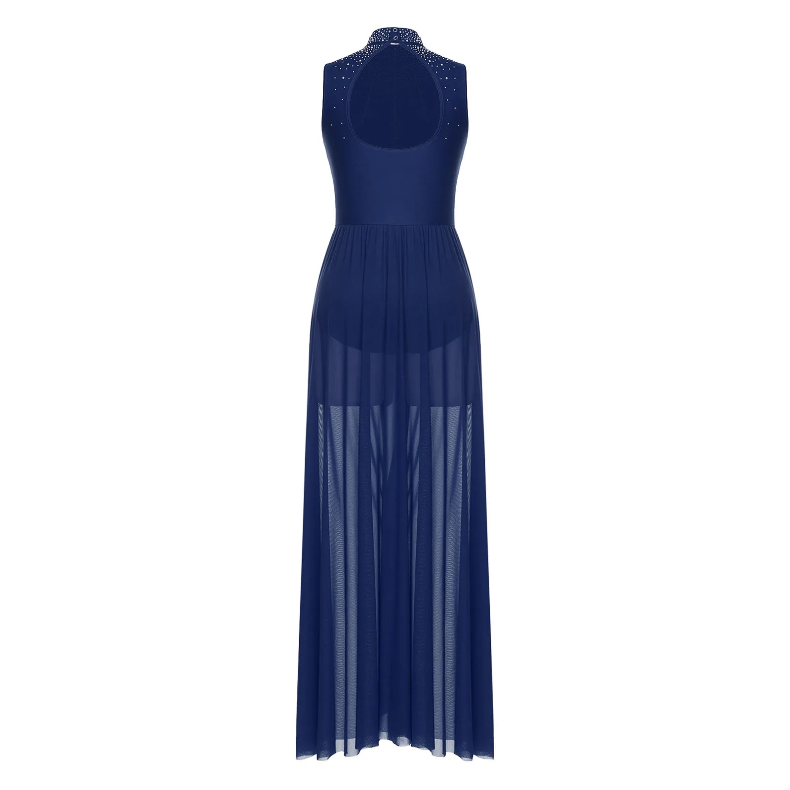 Rhinestone Maxi Sleeveless Contemporary Dance Dress — Mock Neck Wide Hemline Lyrical Leotard
