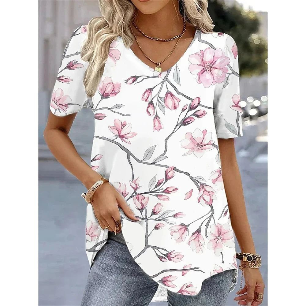 Women's 3D Flower Print V-Neck T-Shirt – Kawaii Oversized Summer Top & Blouse
