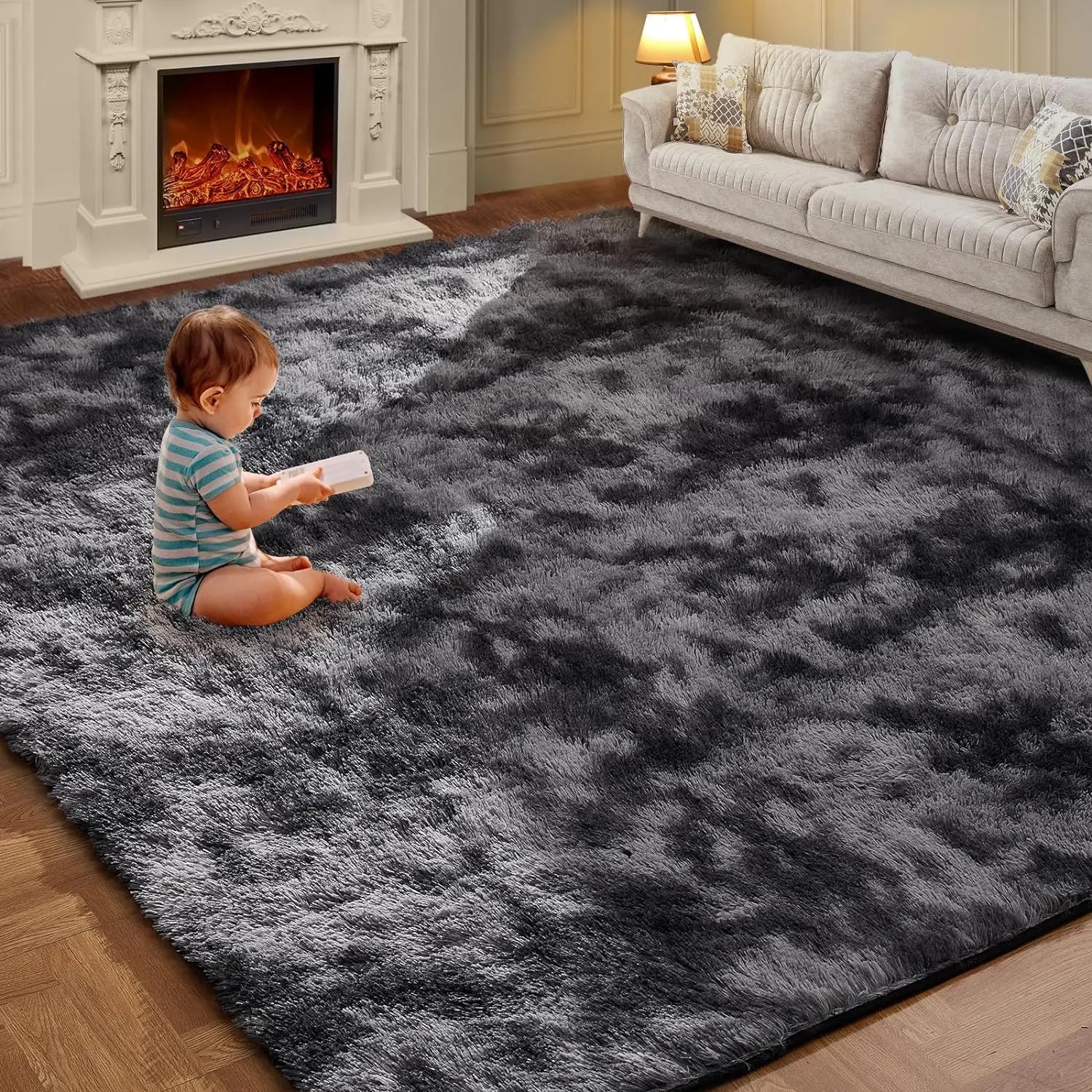 VIKAMA Tie-Dye Plush Carpet — Soft Fluffy Non-Slip Area Rug for Living Room, Kids Room & Baby Crawling