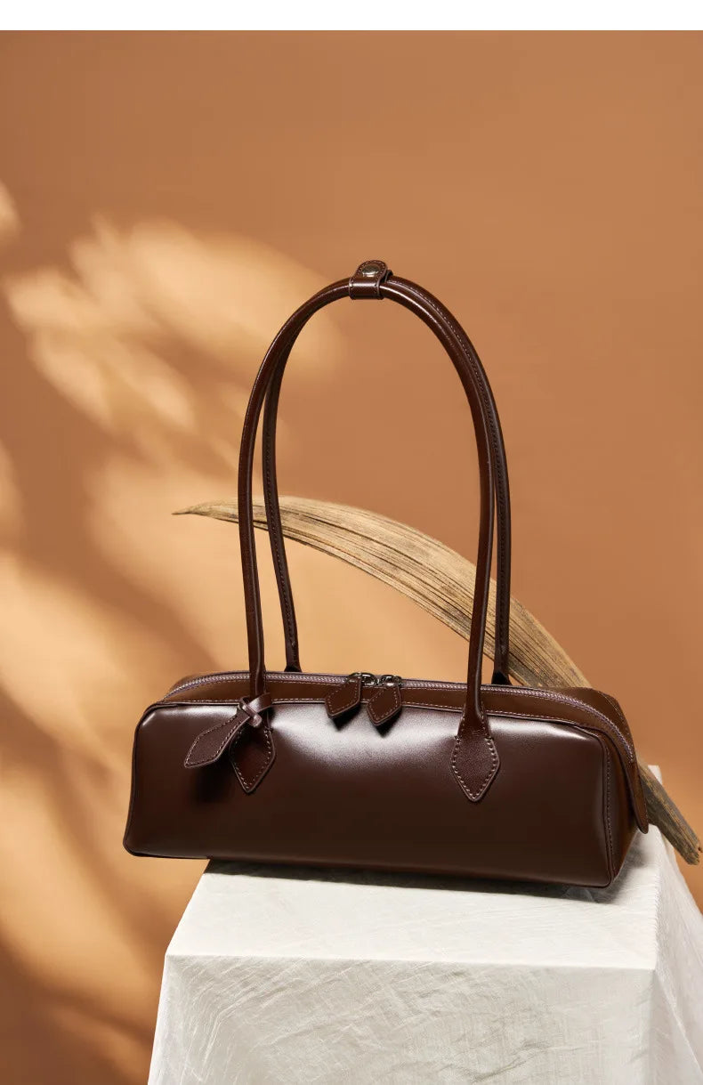 Vintage Genuine Leather Baguette Shoulder Bag – Korean Luxury Underarm Handbag for Women