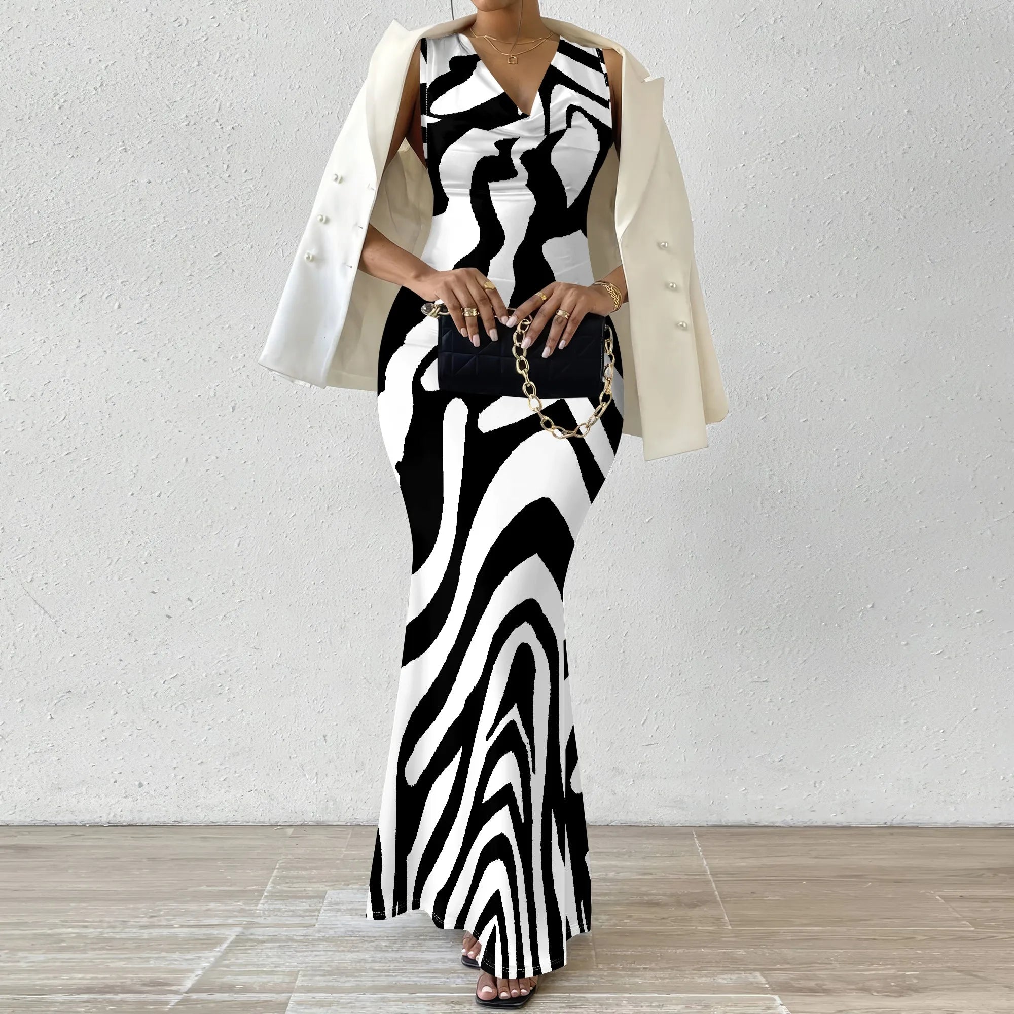 Colorful Geometric Off-Shoulder Maxi Dress — Artistic Party Evening Resortwear Dress