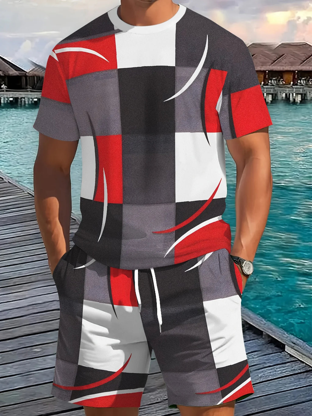 Men's Striped Short Sleeve T-Shirt & Drawstring Shorts Outdoor Travel Set
