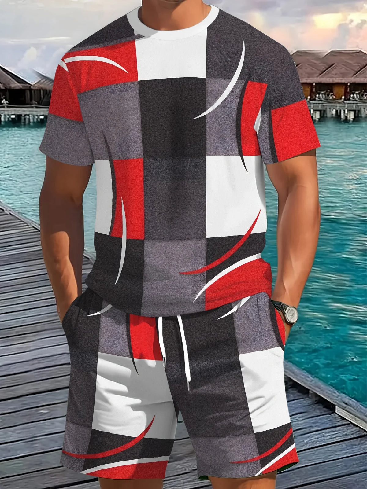 Men's Striped Short Sleeve T-Shirt & Drawstring Shorts Outdoor Travel Set