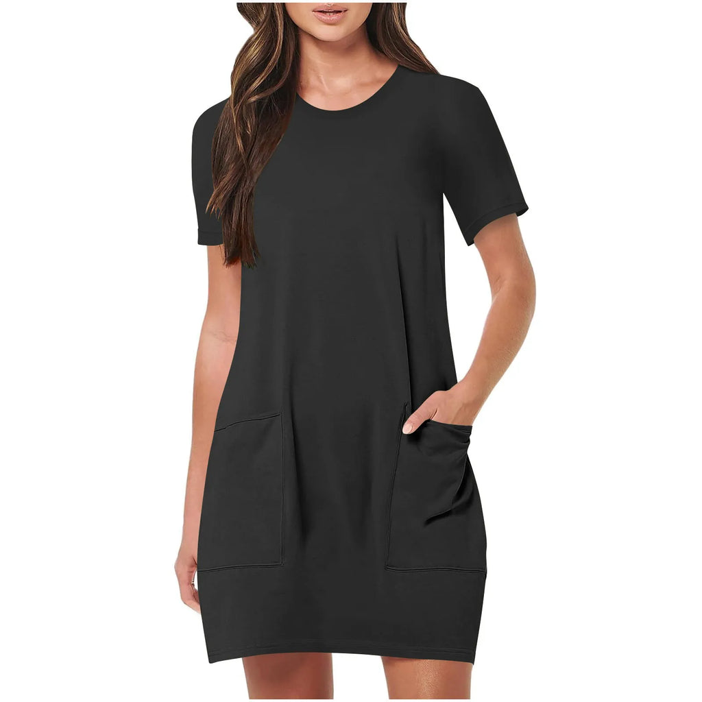 Solid Color Pocket Casual Sports Dress — Short Sleeve O-Neck A-Line Knee-Length Dress