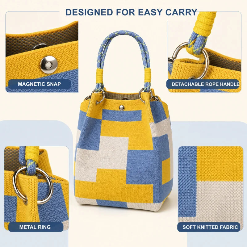 Mini Knitted Geometric Colorblock Bucket Bag – Detachable Handle Wristlet Purse for Women
