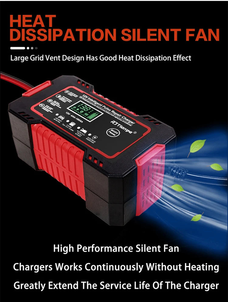 12V 6A Smart Car Battery Charger — LCD Touch Screen Pulse Repair for AGM, GEL & Lead Acid Batteries