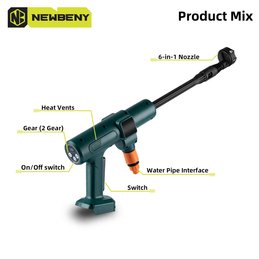 200 Bar Brushless Cordless Pressure Washer Gun – 6-in-1 Nozzle, 18V Battery Compatible