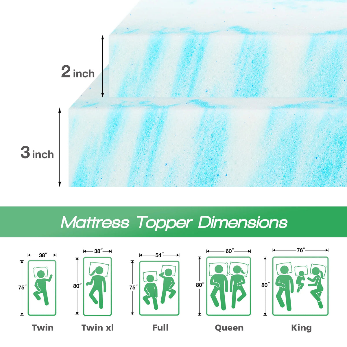 JHK 2"-3" Thick Gel Cooling Memory Foam Mattress Topper – Soft, Breathable Queen Size Bed Topper