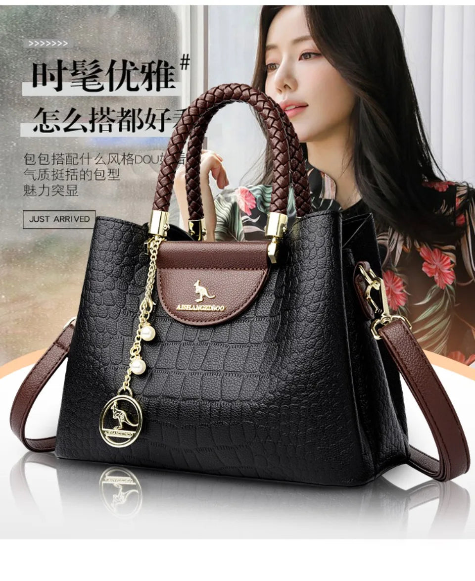 VANDERWAH Woven Handle Alligator Microfiber Leather Tote – Luxury Designer Shoulder Handbag for Women