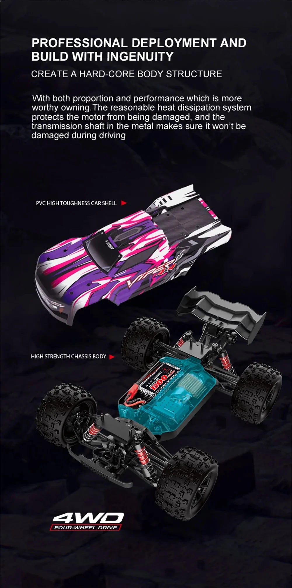 50KM/H 1:16 Scale 4WD RC Car with LED Lights – High Speed Off-Road Buggy Truck