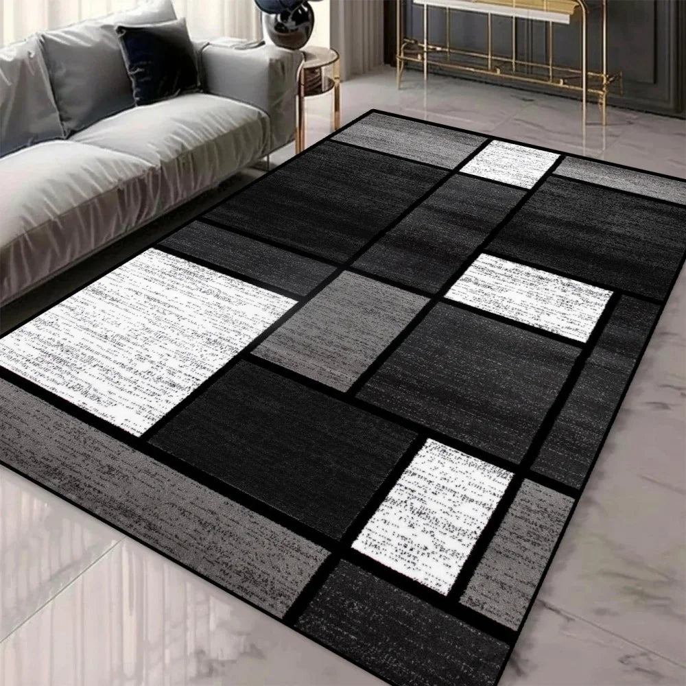 Gray Geometric Block Pattern Area Rug – Non-Slip Modern Minimalist Mat for Living Room & Bedroom, 6 Colors & 5 Sizes