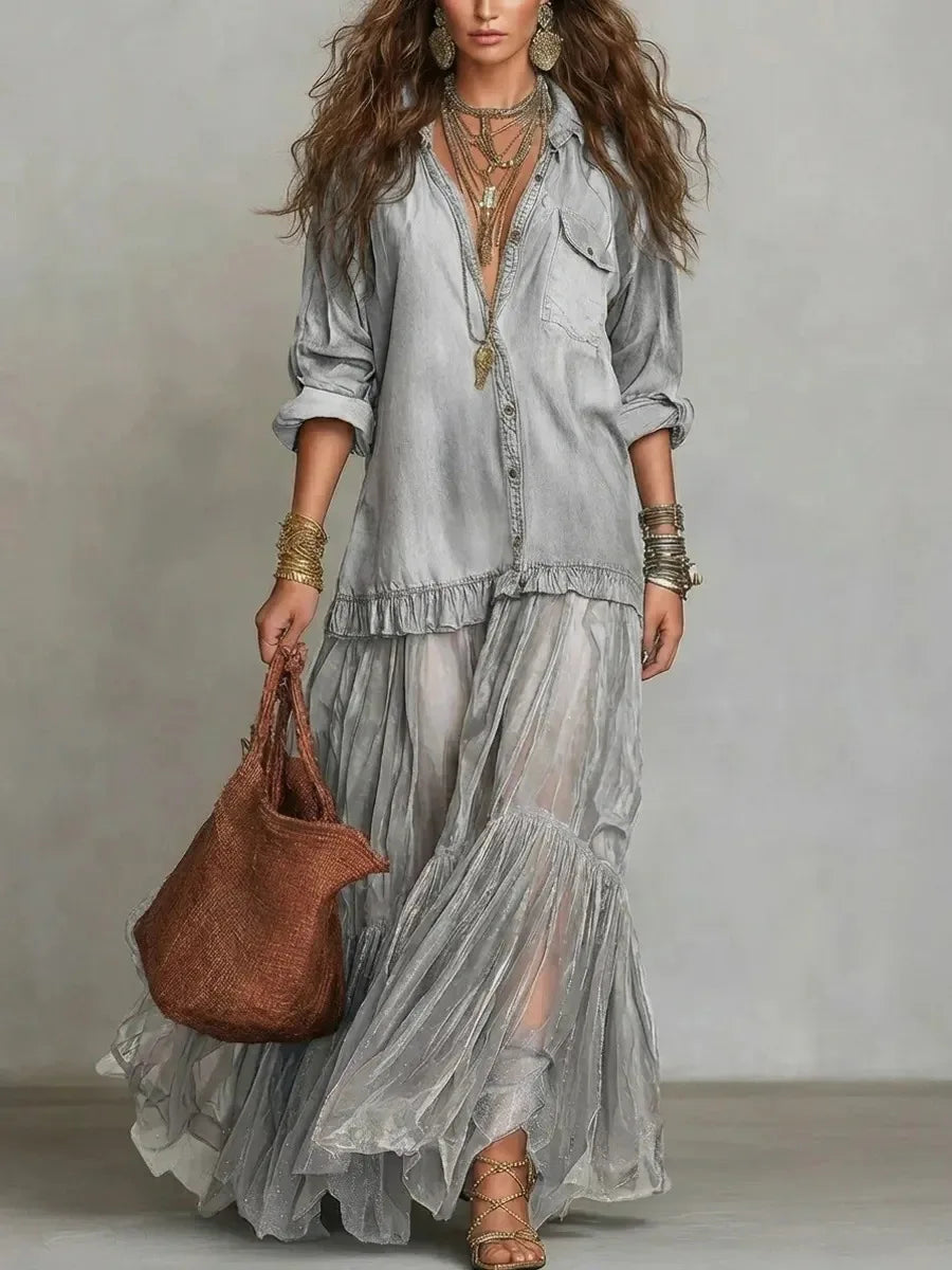 Denim Dress Women Dresses A Line Turn Down Collar Full Sleeve Ruffled Vintage Elegant Mesh Splice Work Causl Y2k Streetwear 2026