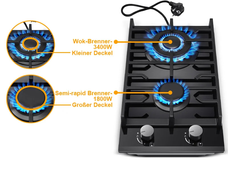EU Certified 2-Burner Gas Hob – 30cm Tempered Glass, Dual Fuel NG/LPG, 5200W, Flame Failure Safety, Black