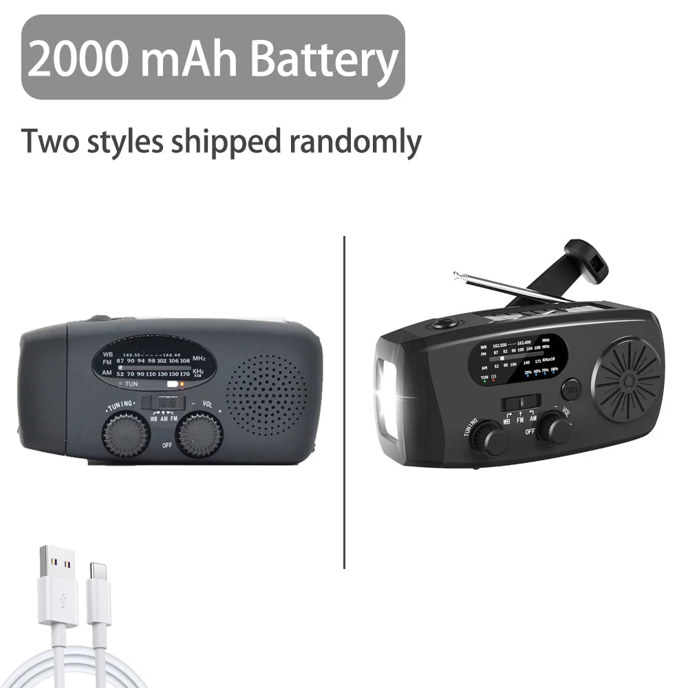 2000mAh Emergency Solar Radio — LED Light, FM/AM, USB Rechargeable Outdoor Survival Radio