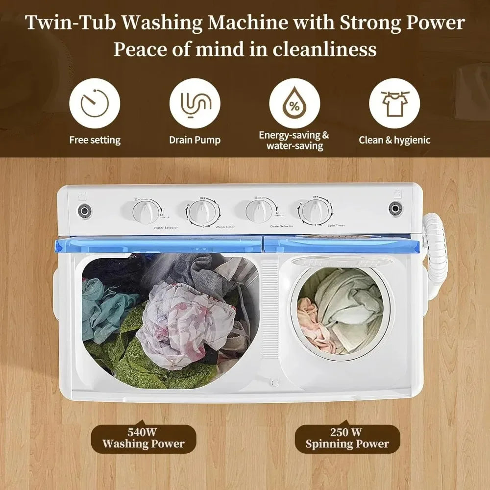 Portable Twin Tub Washing Machine 40 Lbs | Washer & Spinner Dryer Combo, 1300 RPM, Built-In Drain Pump, Apartment, Dorm & RV
