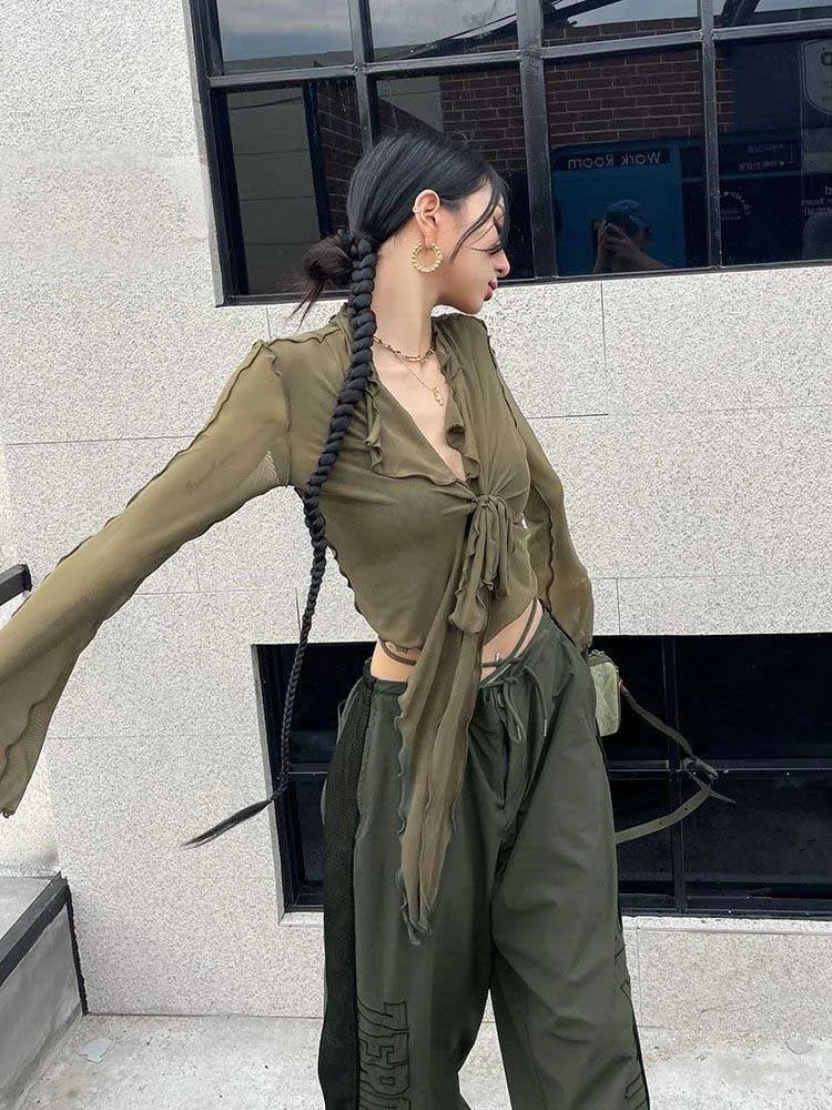 Women's Long Flare Sleeve Blouse – Lace-Up Mesh Korean Fashion Elegant Casual Solid Top