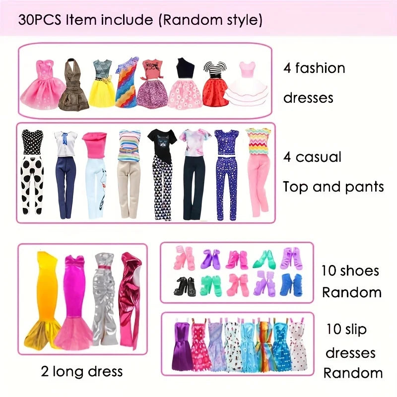 30-Piece Doll Clothes & Accessories Set — Fashion Dresses, Tops, Shoes & More